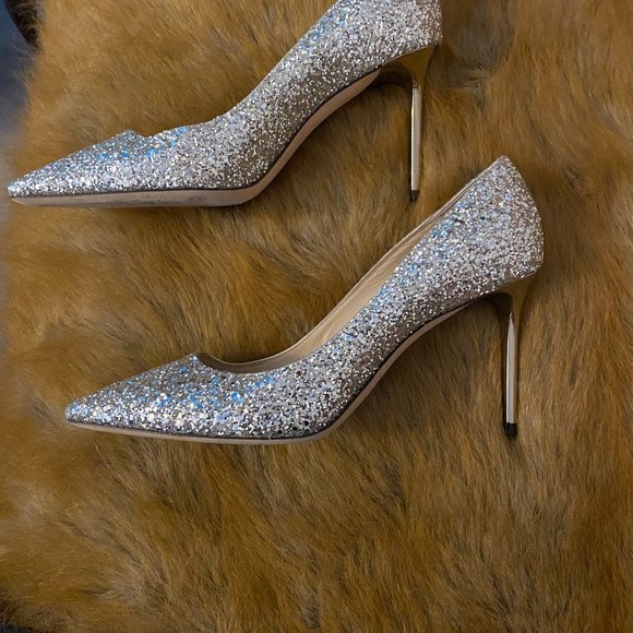 Jimmy Choo Romy 100 mm Silver Glitter Pump - Picture 1 of 4